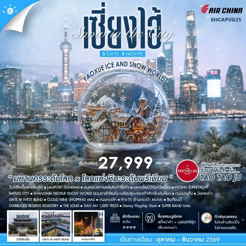 ทัวร์จีน เซี่ยงไฮ้ SNOW WORLD วัดไฉ่ซิงเอี๊ย วัดหลงหัว ซินเทียนตี้ 5วัน 3คืน บิน CA
