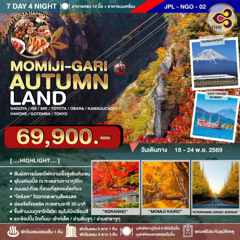 ทัวร์ญี่ปุ่น นาโกย่า โตเกียว ใบไม้เปลี่ยนสี ฟูจิ (MOMIJI-GARI AUTUMNLAND) 7วัน 4คืน บิน TG