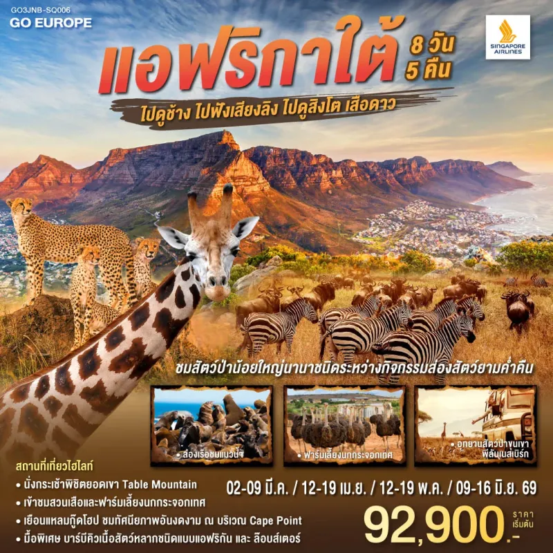 ทัวร์แอฟริกาใต้ เคปทาวน์ โจฮันเนสเบิร์ก 8วัน 5คืน บิน SQ