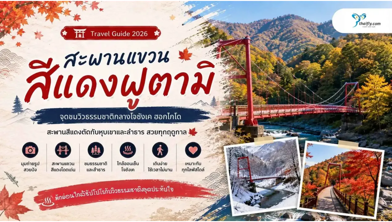 สะพานแขวนสีแดงฟูตามิ จุดชมวิวธรรมชาติกลางโจซังเคยอดนิยม