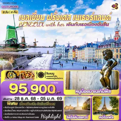 ทัวร์เนเธอร์แลนด์ ปีใหม่ ทัวร์ยุโรป เบลเยี่ยม ฝรั่งเศส เนเธอร์แลนด์ เบเนลักซ์ หมู่บ้านกังหันลมซานส์สคันส์ 9วัน 6คืน บิน TG