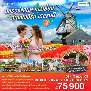 ทัวร์ยุโรป เนเธอร์แลนด์ เบลเยียม ลักเซมเบิร์ก เยอรมัน สวนดอกไม้เคอเคนฮอฟ 7วัน 5คืน บิน BR