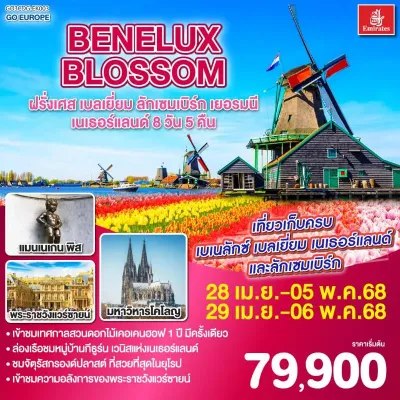 ทัวร์ยุโรป วันสงกรานต์ ทัวร์ยุโรป ฝรั่งเศส เบลเยี่ยม ลักเซมเบิร์ก เยอรมัน เนเธอร์แลนด์ เทศกาลดอกไม้เคอเคนฮอฟ 8วัน 5คืน บิน EK