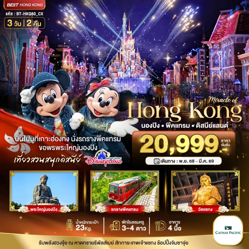 ทัวร์ฮ่องกง นองปิง พีคแทรม ดิสนีย์แลนด์ 3วัน 2คืน บิน CX
