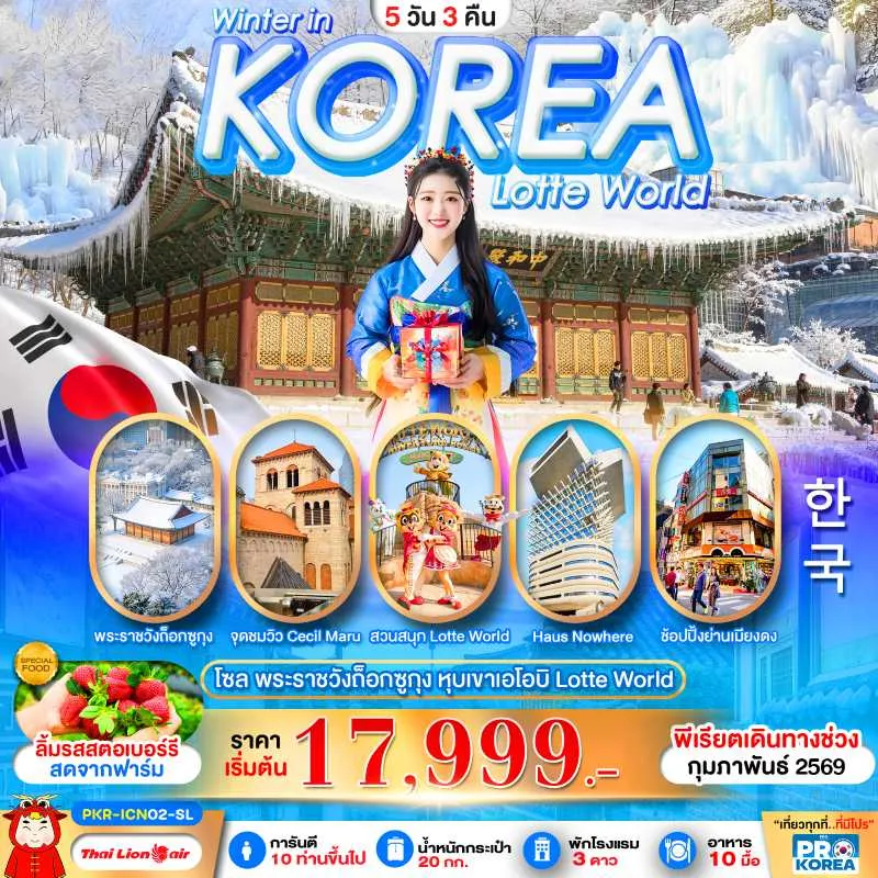 ทัวร์เกาหลี โซล สวนสนุกล็อตเต้เวิลด์ (PRO WINTER IN KOREA) 5วัน 3คืน บิน SL