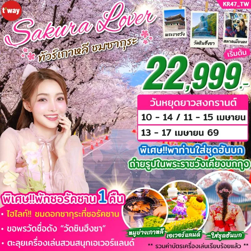 ทัวร์เกาหลี โซล เกาะนามิ เอเวอร์แลนด์ ซากุระ (SAKURA LOVER) 5วัน 3คืน บิน TW