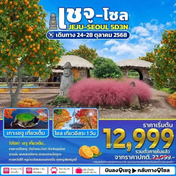 ทัวร์เกาหลี เชจู โซล ทุ่งหญ้าพิงค์มูลลี่ อิสดระเต็มวัน [OCT] 5วัน 3คืน บิน 7C (บินภายใน 1ขา)