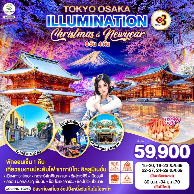 ทัวร์ญี่ปุ่น โตเกียว โอซาก้า งานประดับไฟซากามิโกะ 6วัน 4คืน บิน TG