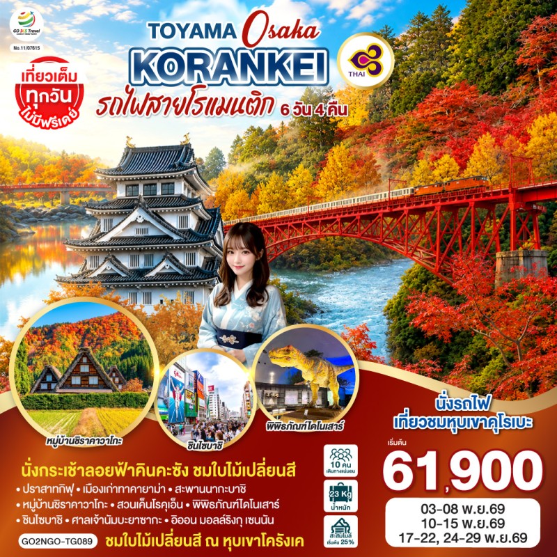 ทัวร์ญี่ปุ่น นาโกย่า โอซาก้า เกียวโต หุบเขาโครังเค 6วัน 4คืน บิน TG