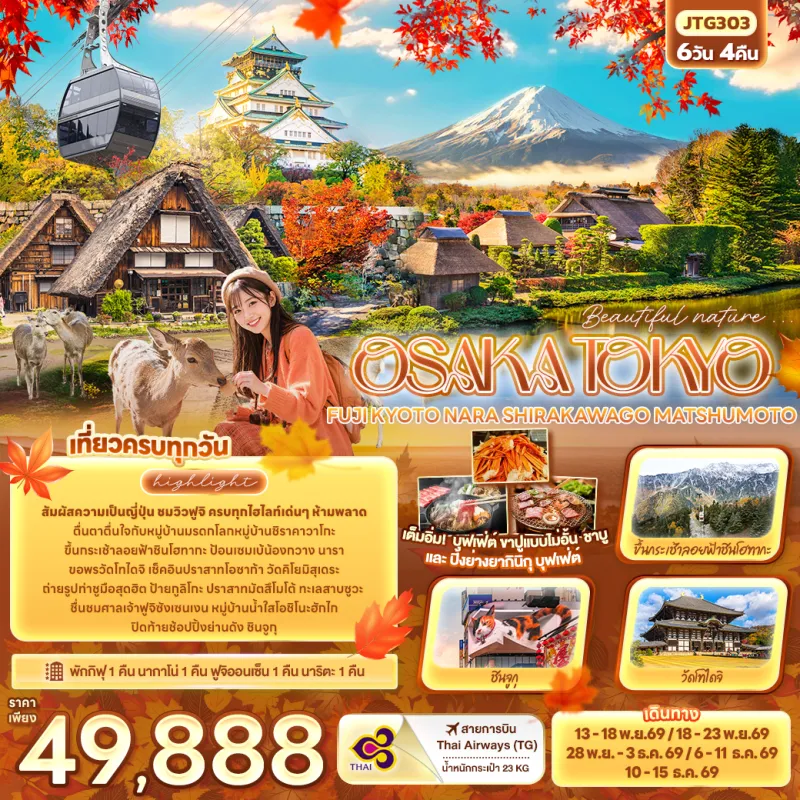 ทัวร์ญี่ปุ่น โอซาก้า โตเกียว ฟูจิ เกียวโต นารา หมู่บ้านชิราคาวาโกะ ปราสาทมัตสึโมโต้ 6วัน 4คืน บิน TG