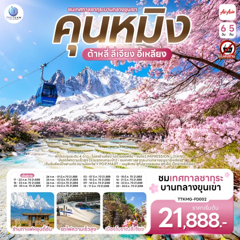 ทัวร์จีน คุนหมิง ต้าหลี่ ลี่เจียง ชมเทศกาลซากุระบานกลางขุนเขา ร้านกาแฟหยุนตี้อัน 6วัน 5คืน บิน FD