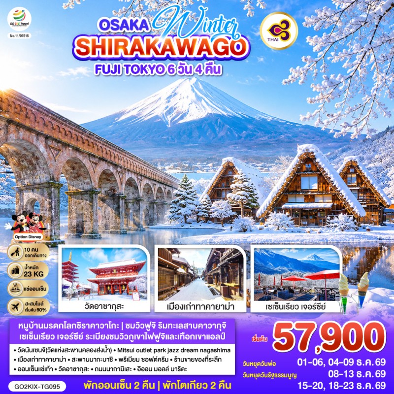 ทัวร์ญี่ปุ่น โอซาก้า เกียวโต โตเกียว ชิราคาวาโกะ 6วัน 4คืน บิน TG
