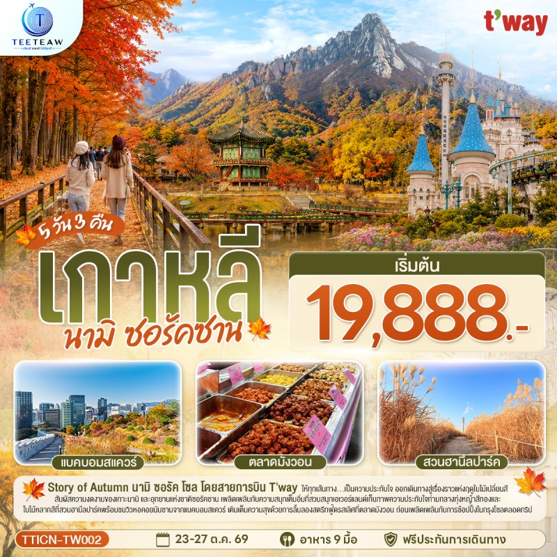 ทัวร์เกาหลี นามิ ซอรัคซาน สวนฮานึลปาร์ค จตุรัสนัมซานแบคบอม ย่านเมียงดง 5วัน 3คืน บิน TW