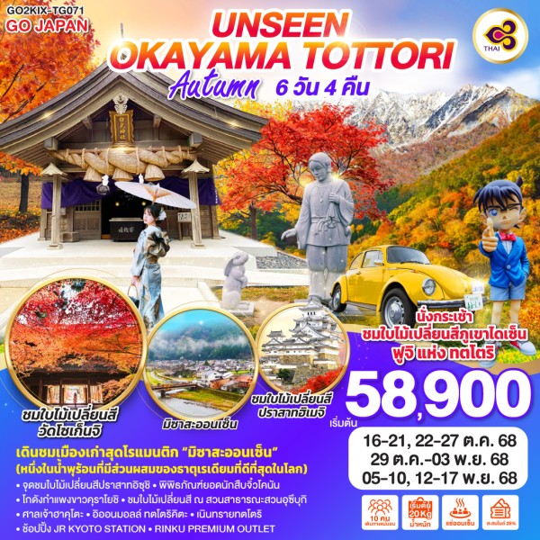 ทัวร์ญี่ปุ่น โอซาก้า เกียวโต ทตโตริ ใบไม้เปลี่ยนสี นั่งกระเช้าเทนคูลิฟท์ พิพิธภัณฑ์ยอดนักสืบจิ๋วโคนัน 6วัน 4คืน บิน TG