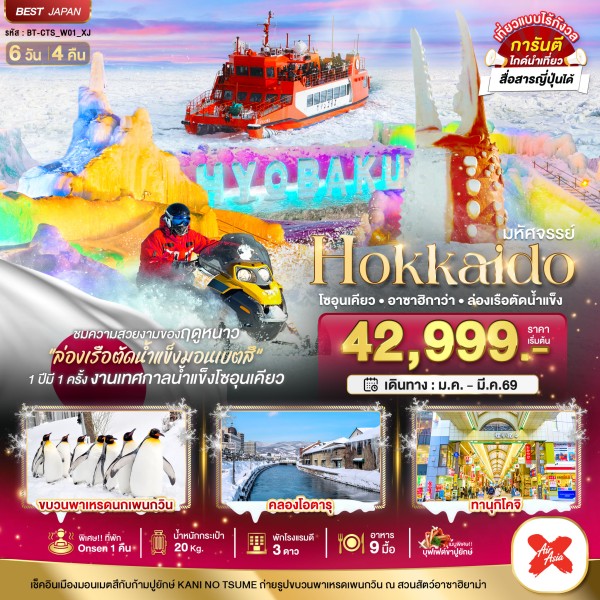 ทัวร์ญี่ปุ่น ฮอกไกโด โซอุนเคียว อาซาฮิกาว่า ล่องเรือตัดน้ำแข็ง 6วัน 4คืน บิน XJ