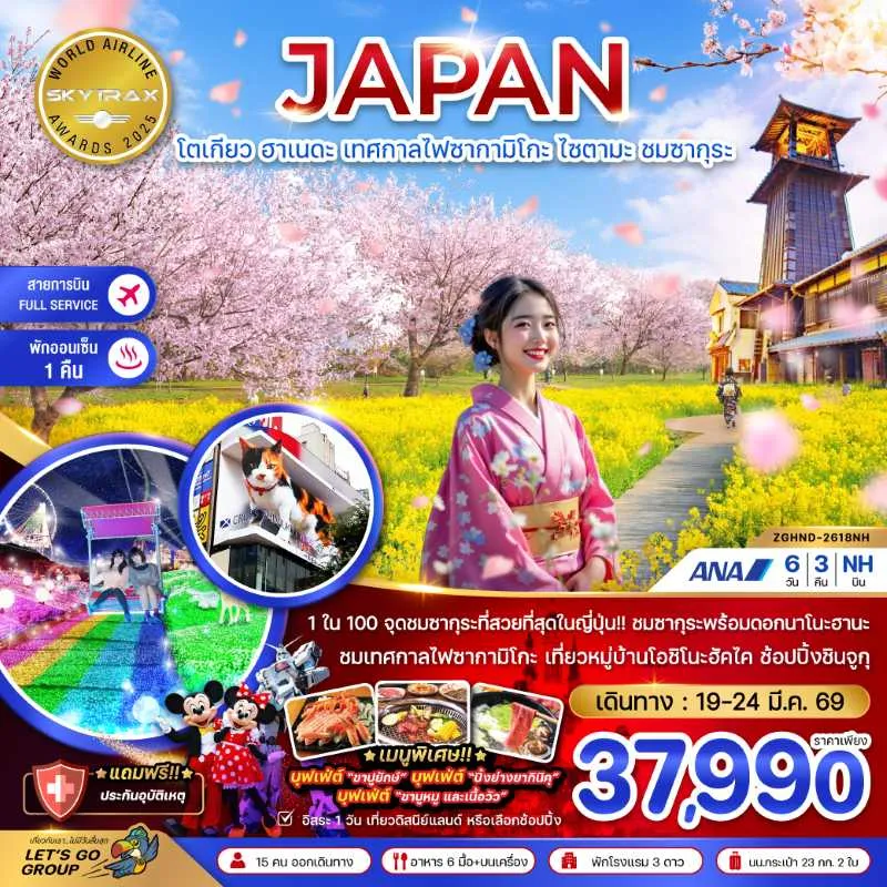 ทัวร์ญี่ปุ่น โตเกียว ฮาเนดะ เทศกาลไฟซากามิโกะ ชมซากุระ 6วัน 3คืน บิน NH