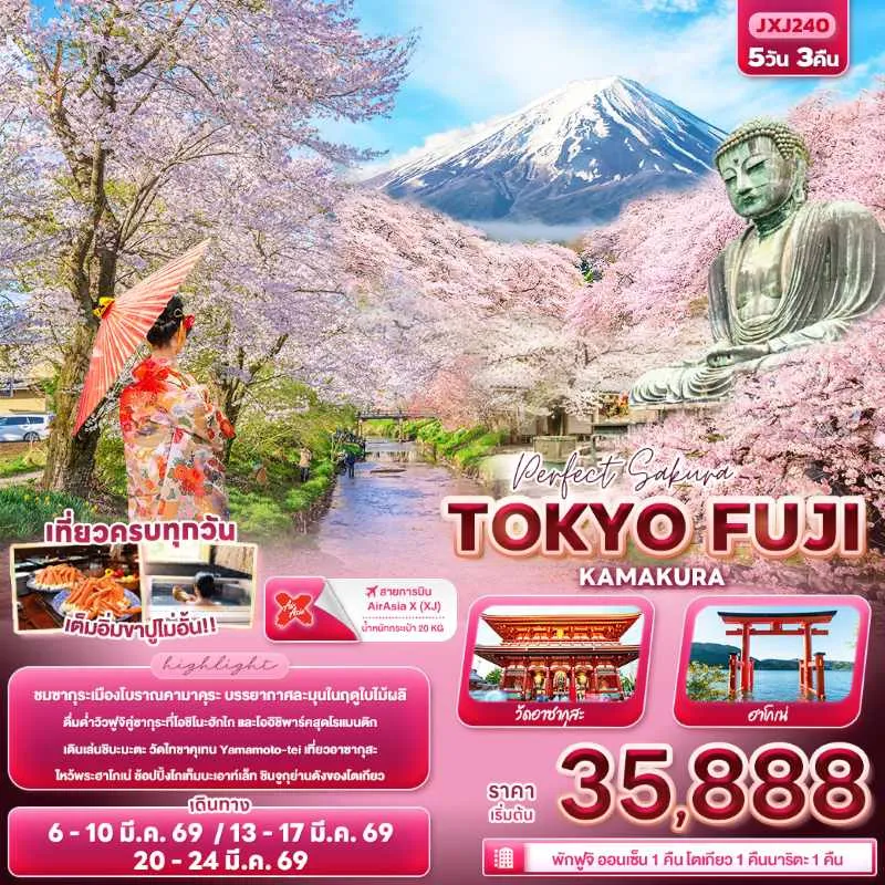 ทัวร์ญี่ปุ่น โตเกียว (Perfect Sakura TOKYO FUJI KAMAKURA) 5วัน 3คืน บิน XJ