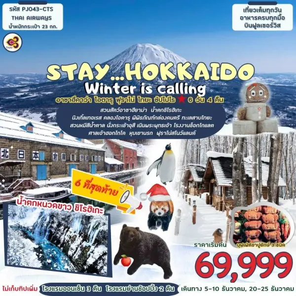 ทัวร์ญี่ปุ่น ฮอกไกโด โอตารุ ซัปโปโร (STAY HOKKAIDO WINTER IS CALLING) 6วัน 4คืน บิน TG