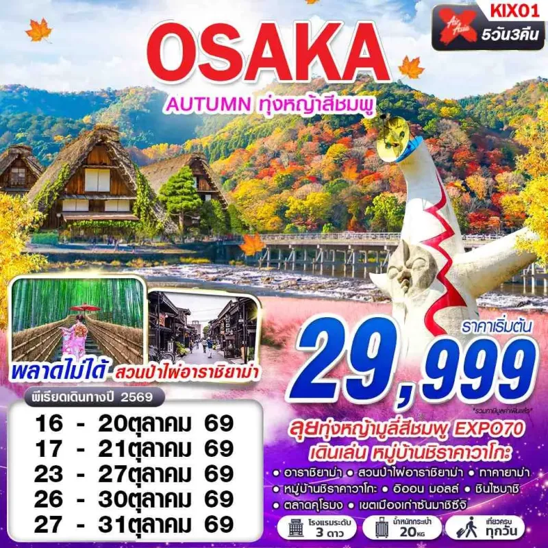 ทัวร์ญี่ปุ่น โอซาก้า ทาคายาม่า (OSAKA AUTUMN ทุ่งหญ้าสีชมพู) 5วัน 3คืน บิน XJ