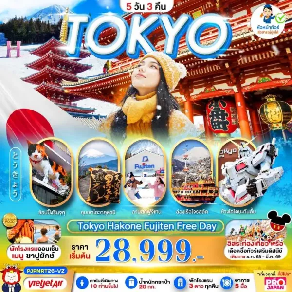ทัวร์ญี่ปุ่น โตเกียว นาริตะ สกีรีสอร์ท อิสระเต็มวัน 5วัน 3คืน บิน VZ