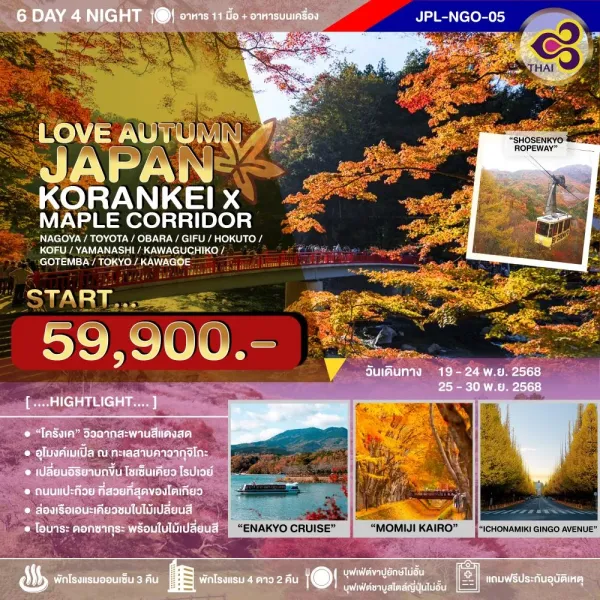 ทัวร์ญี่ปุ่น นาโกย่า โตเกียว (LOVE AUTUMN JAPAN KORANKEI ) [NOV] 6วัน 4คืน บิน TG