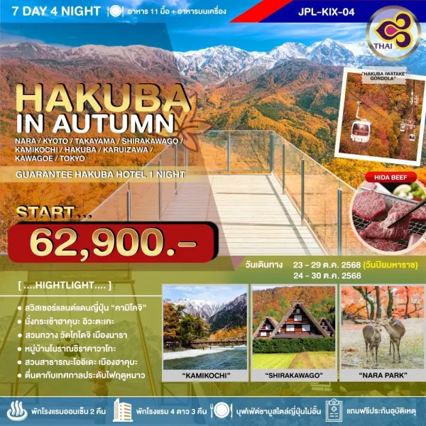 ทัวร์ญี่ปุ่น โอซาก้า โตเกียว (HAKUBA IN AUTUMN) [OCT] 7วัน 4คืน บิน TG