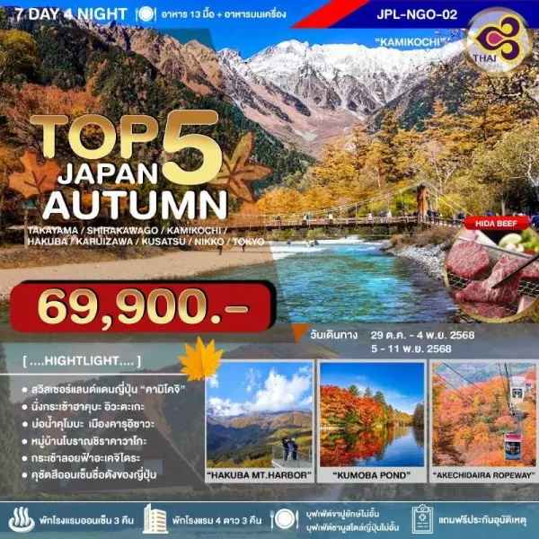 ทัวร์ญี่ปุ่น นาโกย่า ทาคายาม่า ฮาคุบะ โตเกียว (TOP5 JAPAN AUTUMN) [OCT-NOV] 7วัน 4คืน บิน TG