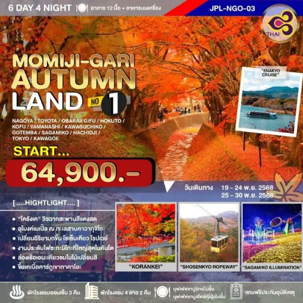 ทัวร์ญี่ปุ่น นาโกย่า โตเกียว กิฟุ (MOMIJI-GARI AUTUMNLAND NO.1) [NOV] 6วัน 4คืน บิน TG