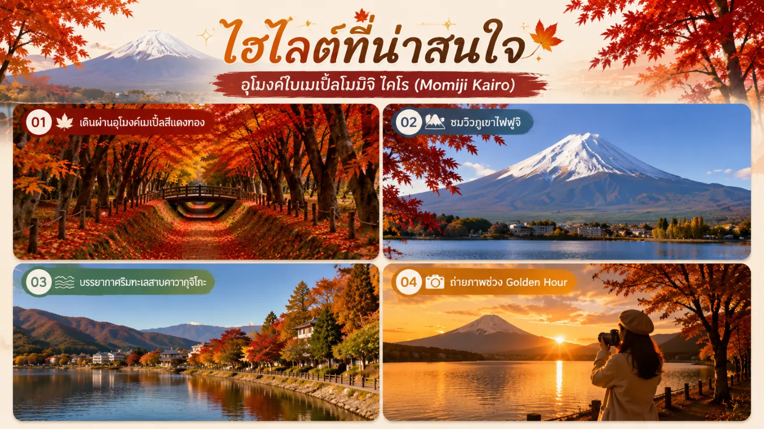 ไฮไลต์ที่น่าสนใจของอุโมงค์ใบเมเปิ้ลโมมิจิ ไคโร