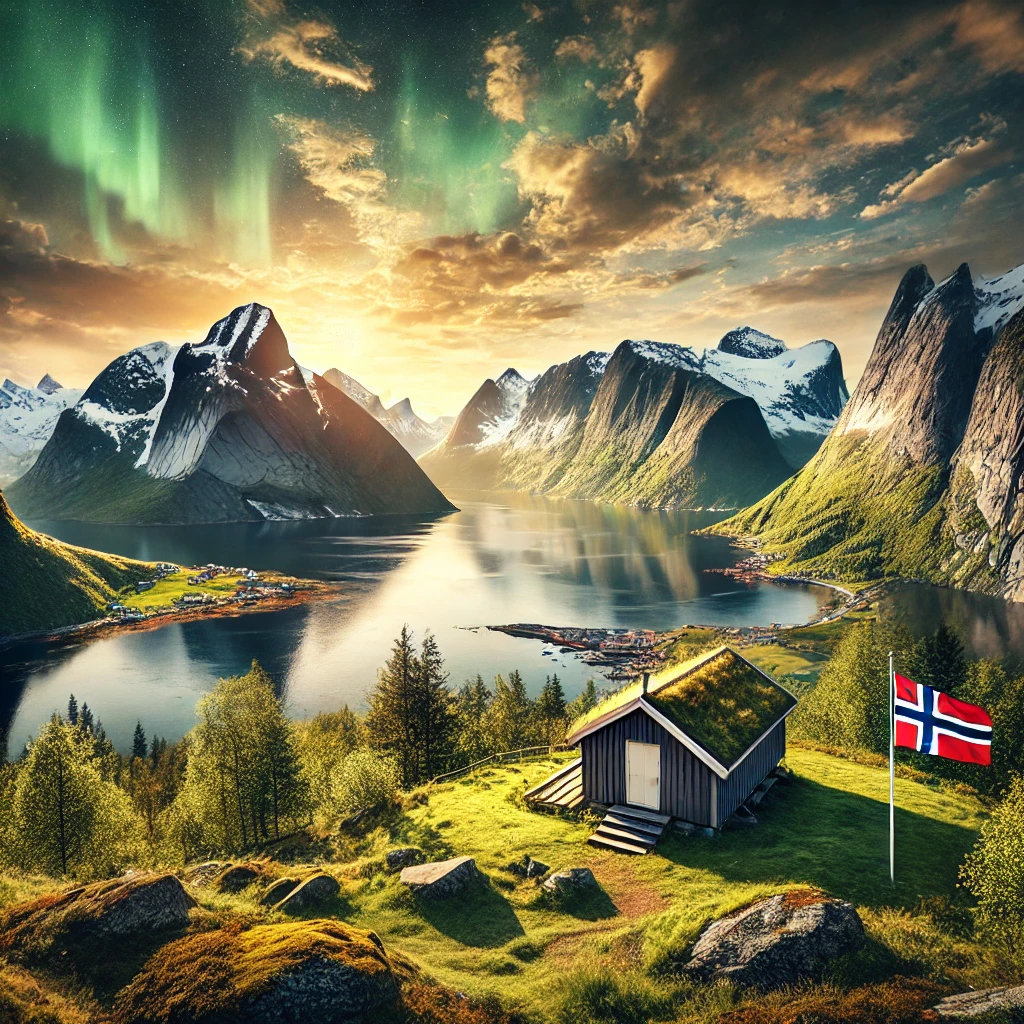 ภูมิทัศน์ประเทศนอร์เวย์ที่มีฟยอร์ดและภูเขาหิมะ